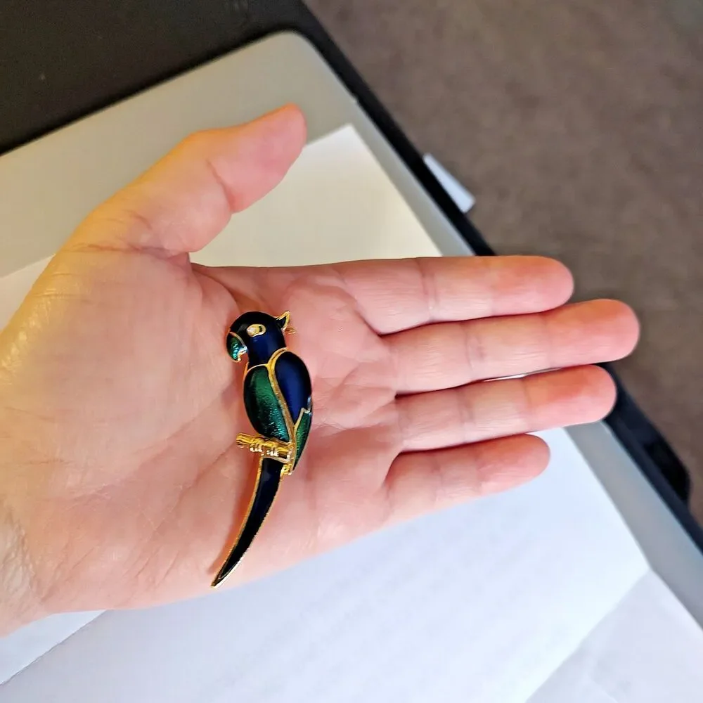 VTG Style Gold Tone Metal Blue Green Enamel Rhinestone Parrot Bird Brooch Pin